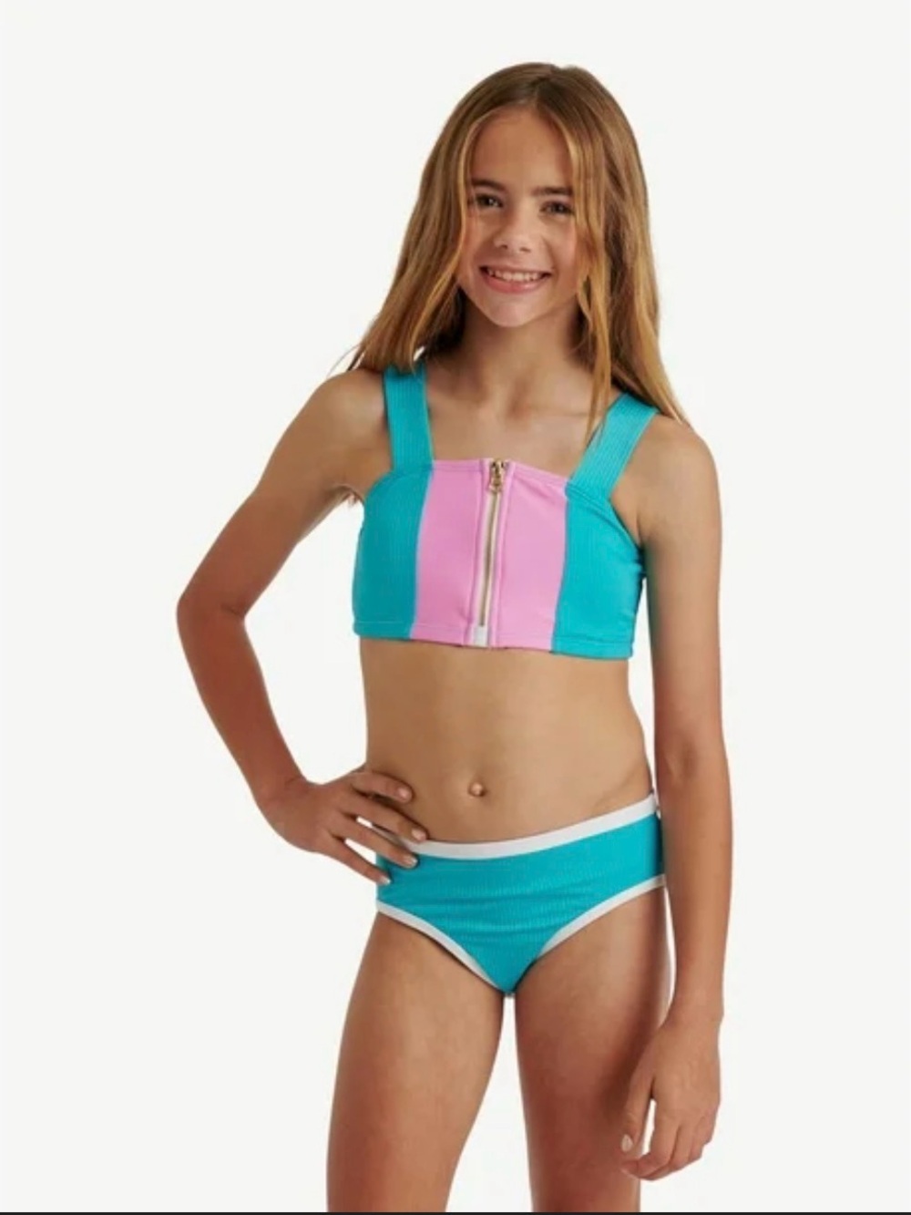 Justice Teal and Pink Zip-Front Kids Bikini Set